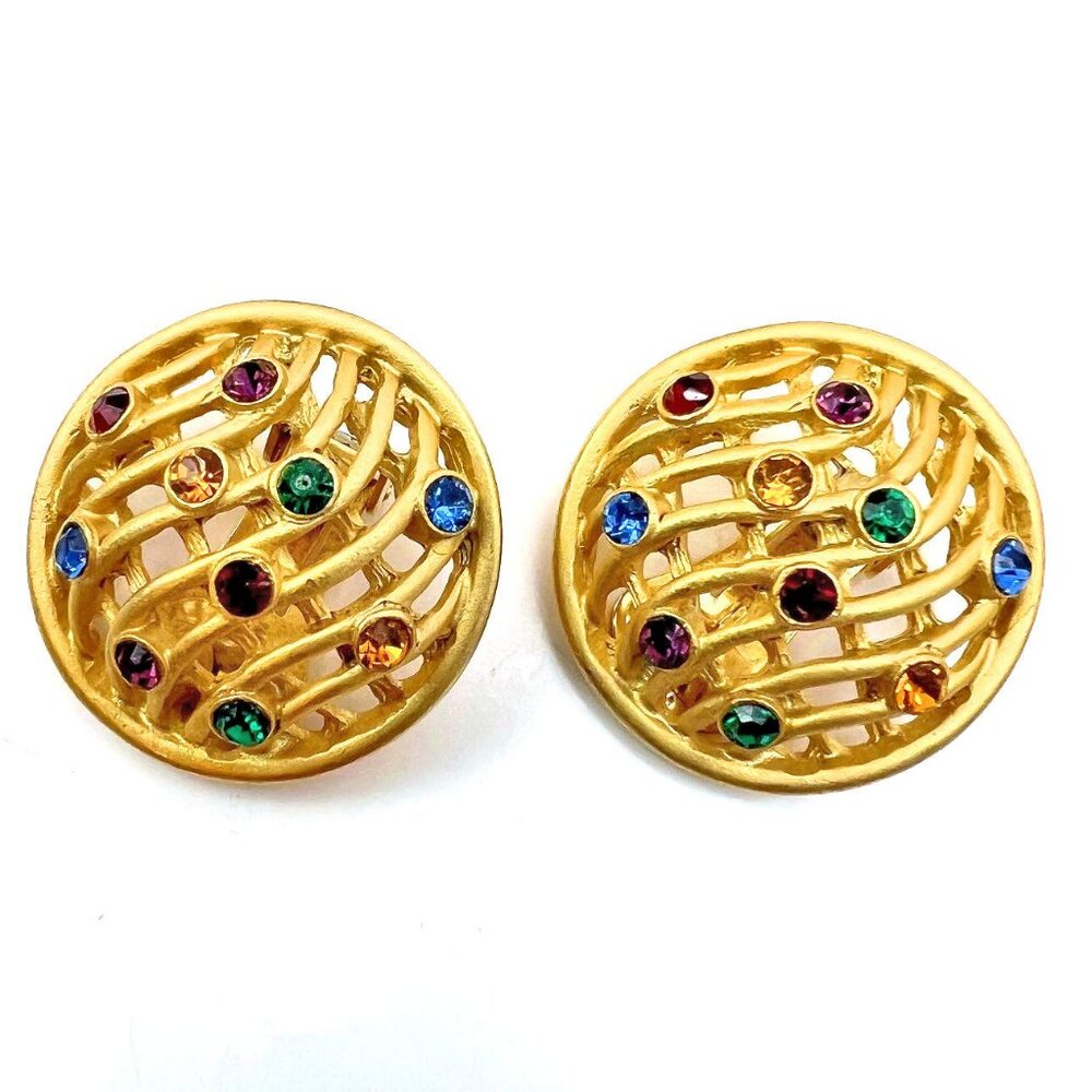 Gold tone round domed open work clip earrings with multicolor rhinestones accent